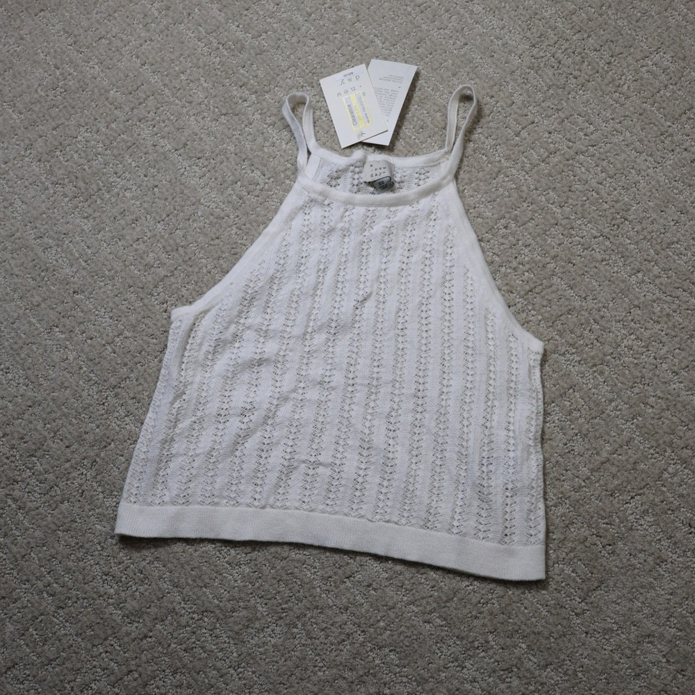 A New Day Cream Pointelle Knit Tank Top XS White Crochet Halter Cami NWT